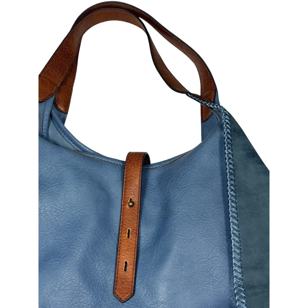 Blue Mixed Media Faux Leather Hobo Shoulder Bag with Braided Stitch Detail